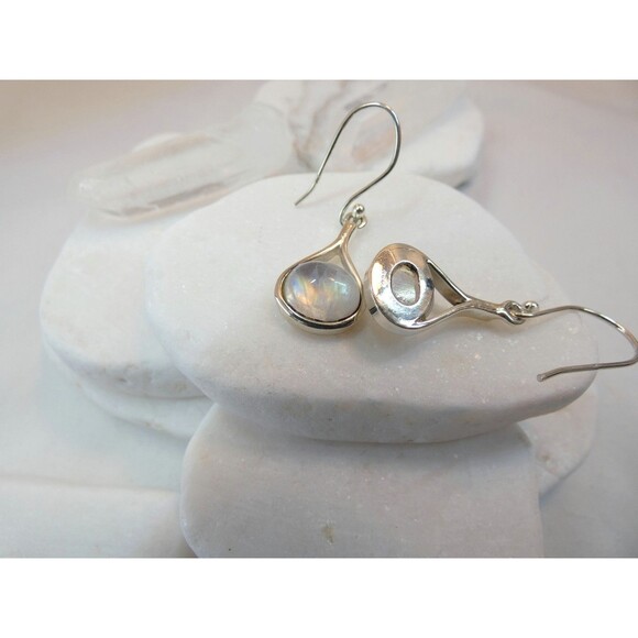 Sterling Silver & AAA Rainbow Moonstone Earrings Modernist Glowing - Picture 7 of 8